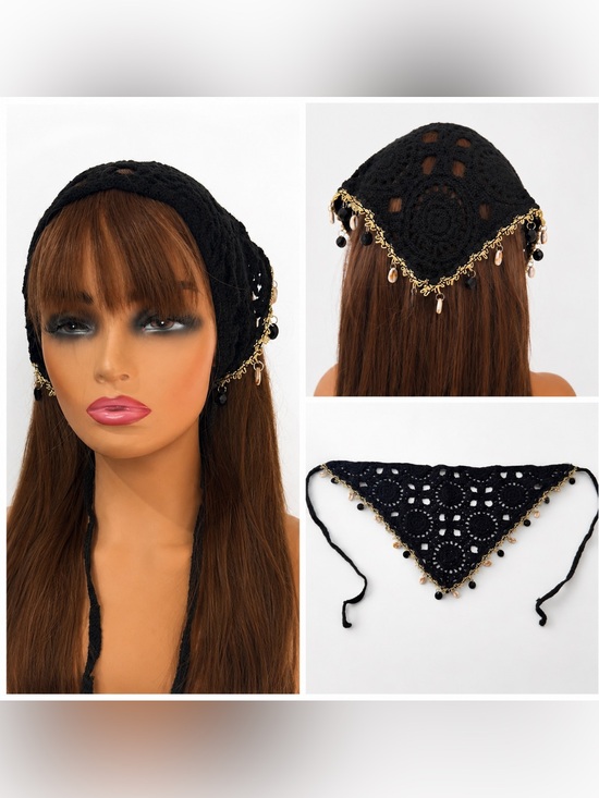Other - Boho Black Crochet Triangle Head Scarf Shell Charm Trim Beach Festival‎ Bandana